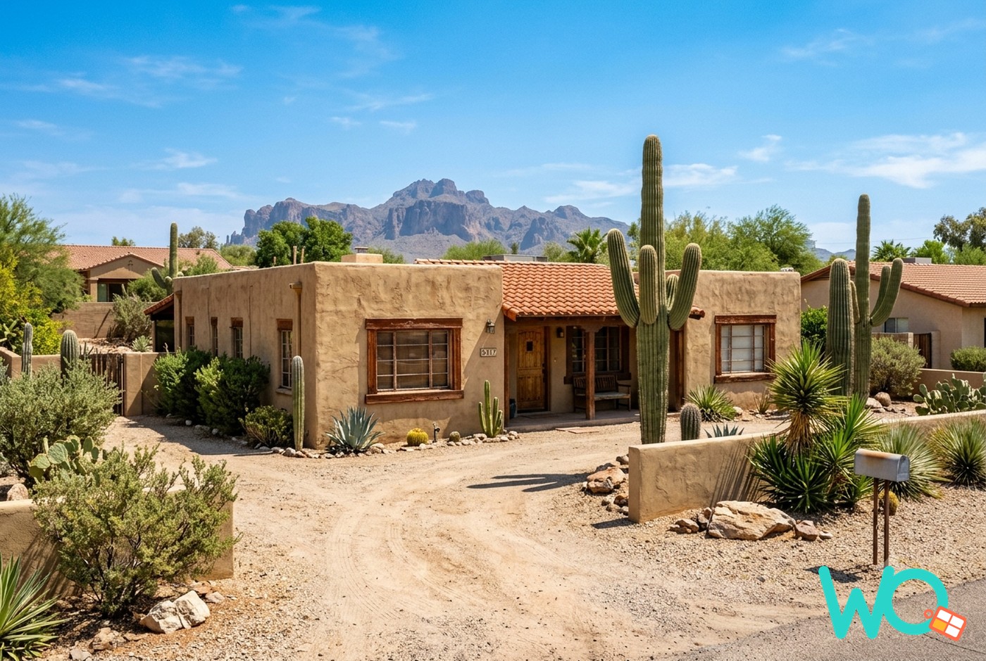 A pueblo-style adobe home in Albuquerque with viga beams and the Sandia Mountains behind, desert landscaping in front