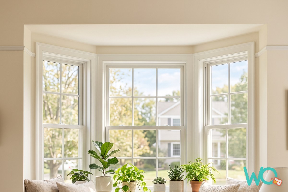 A sunny bay window with a built-in window seat in an American living room