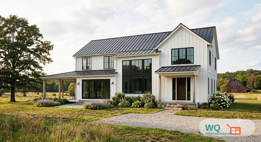A modern white farmhouse with black window frames and a black metal roof, the signature farmhouse look