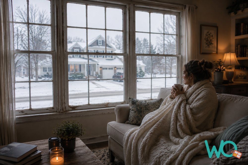 A woman wrapped in a blanket and wearing a hat, looking cold indoors next to a large window with snow outside
