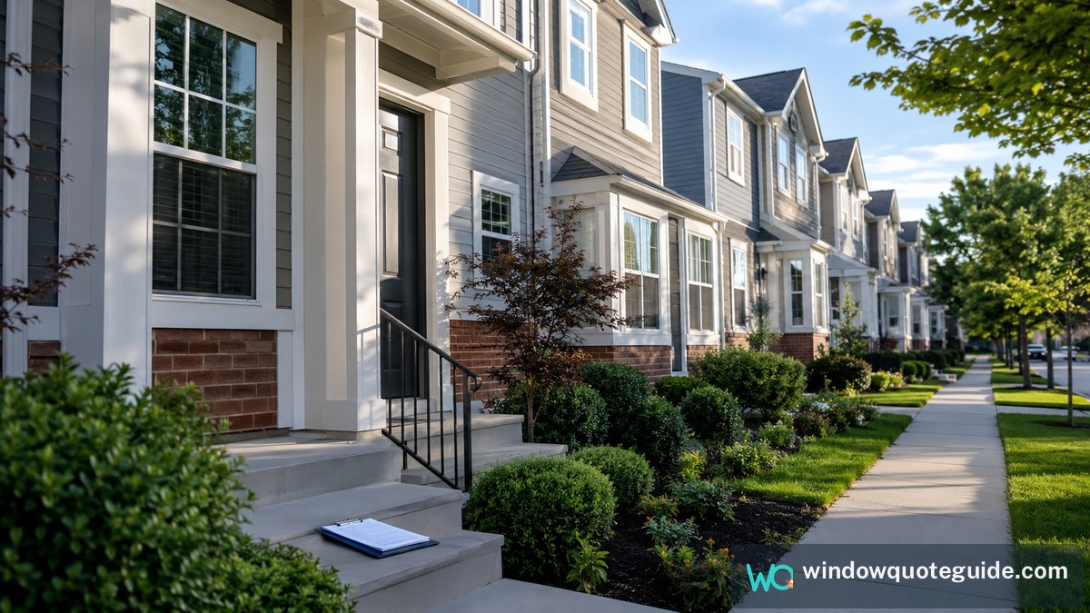 A row of condo and townhome units in a managed community, windows visible along the street.