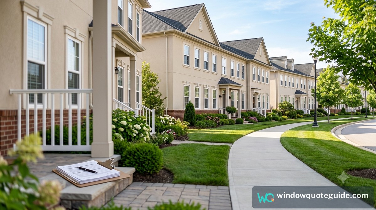 A tidy HOA townhouse community with uniform windows and a document folder on a porch step, suggesting an architectural approval process.