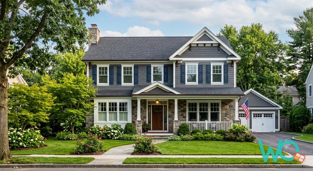A two-story American suburban home with roughly ten windows across the front facade