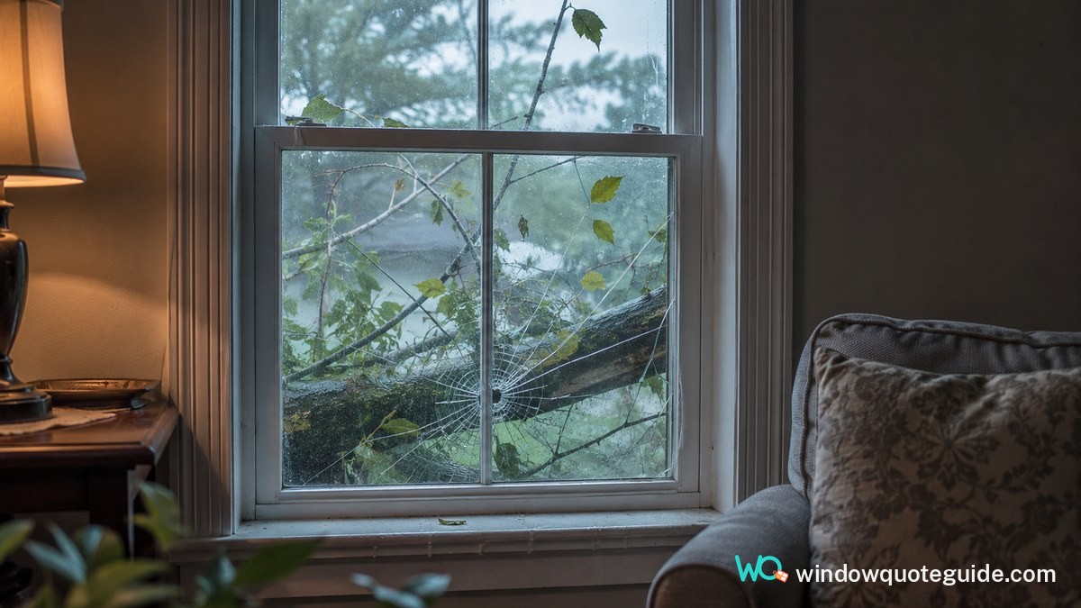 A cracked living room window the morning after a storm, with a fallen branch resting against the frame.