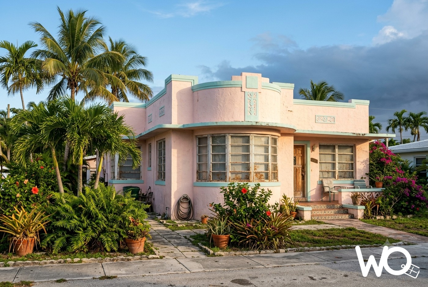A pastel art deco Miami home with palm trees and tropical plants, older aluminum windows showing salt-air weathering