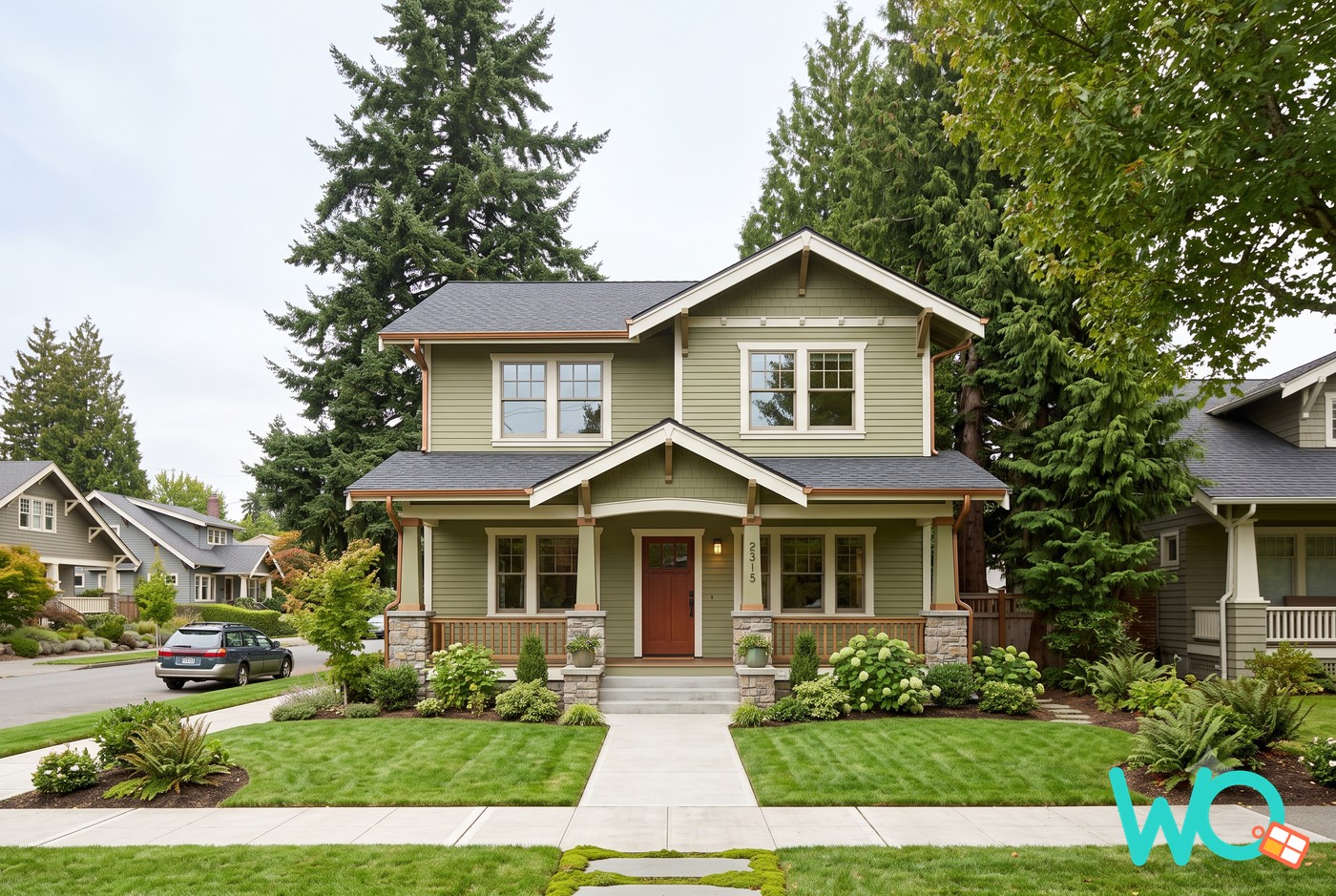 A classic Seattle craftsman home on a damp, gray day, surrounded by evergreens and moss, with older windows glowing warm from inside