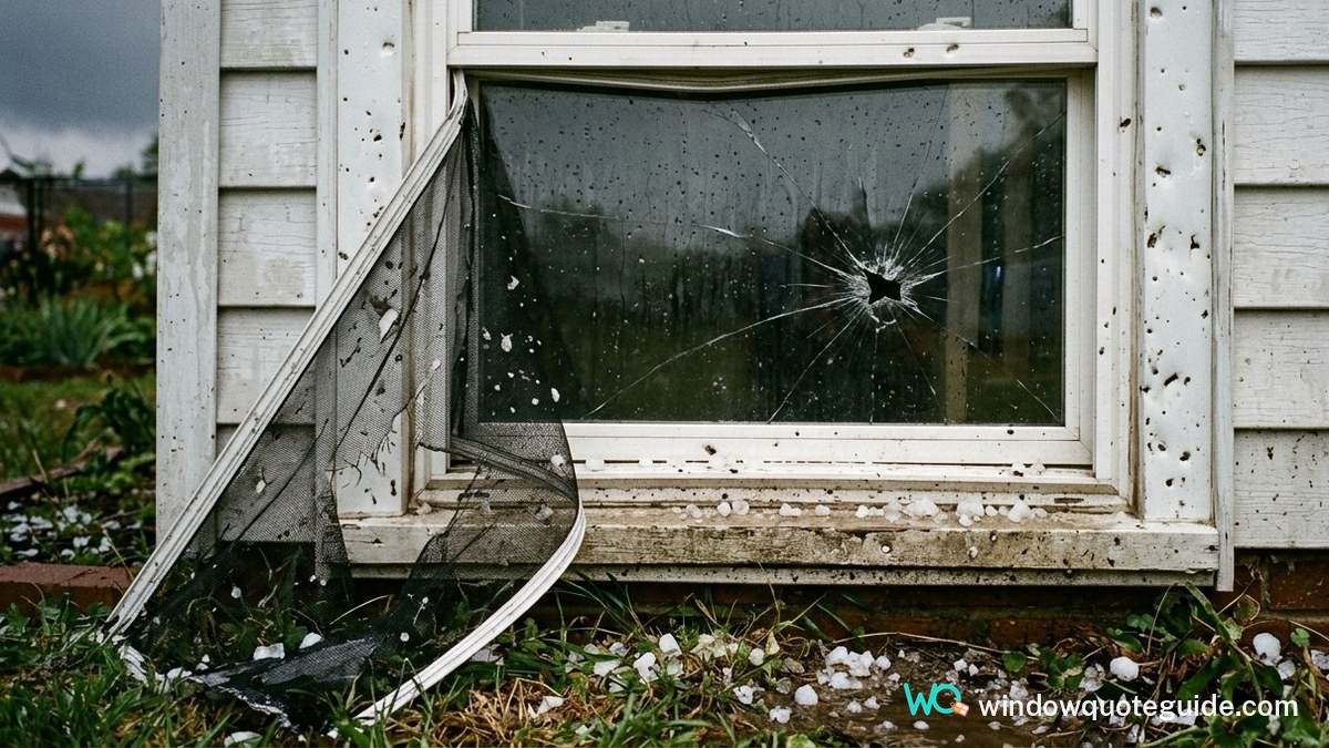 Hail-damaged window with a dented vinyl frame and a cracked lower pane, seen from outside after a storm.